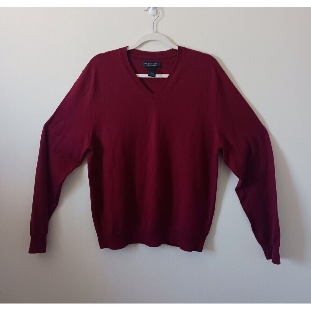 Bloomingdales Mens Merino Wool Sweater‎ Burgundy V Neck Knit Size L